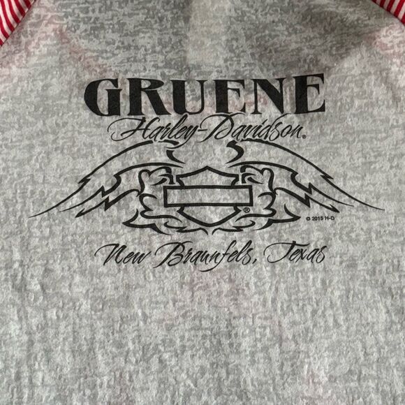 Harley-Davidson Skull Graphic Tee | Size L | Red White Striped Sleeves USA Made - Picture 11 of 14